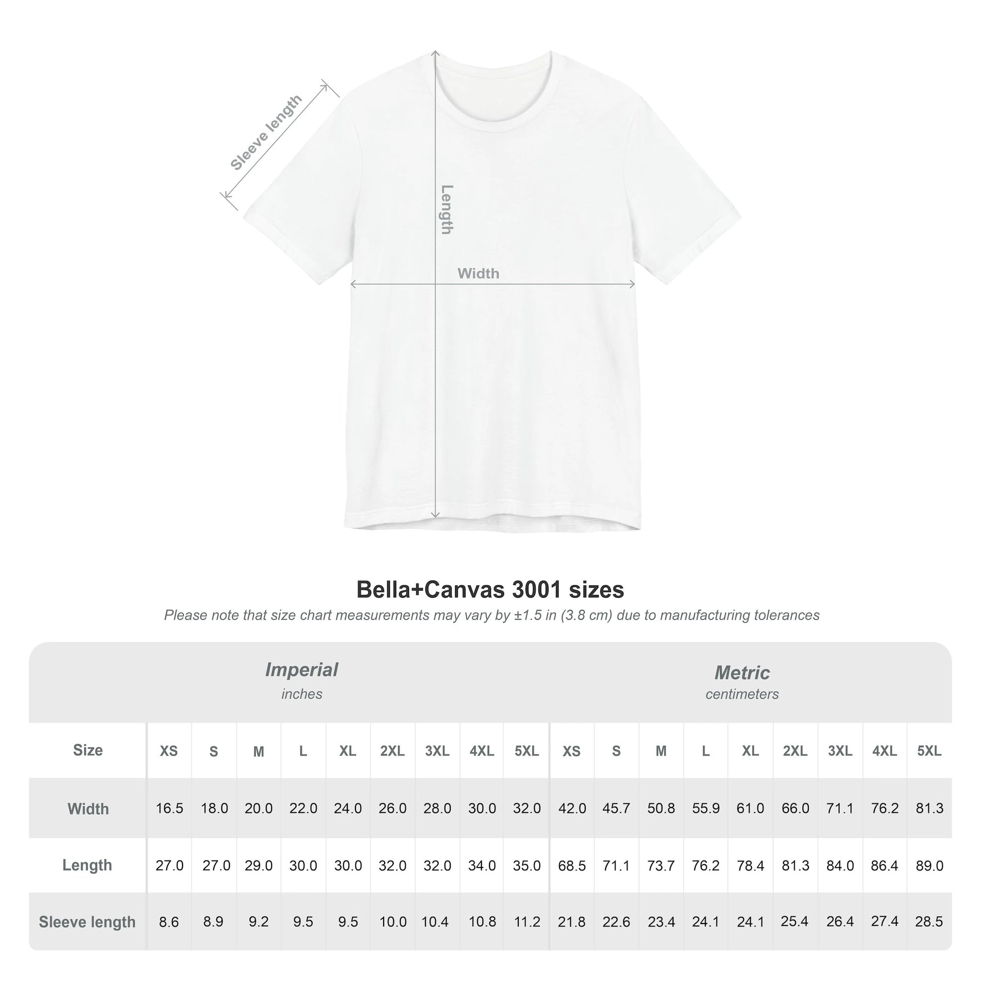 Bella & Canvas 3001 T-shirt Size Chart