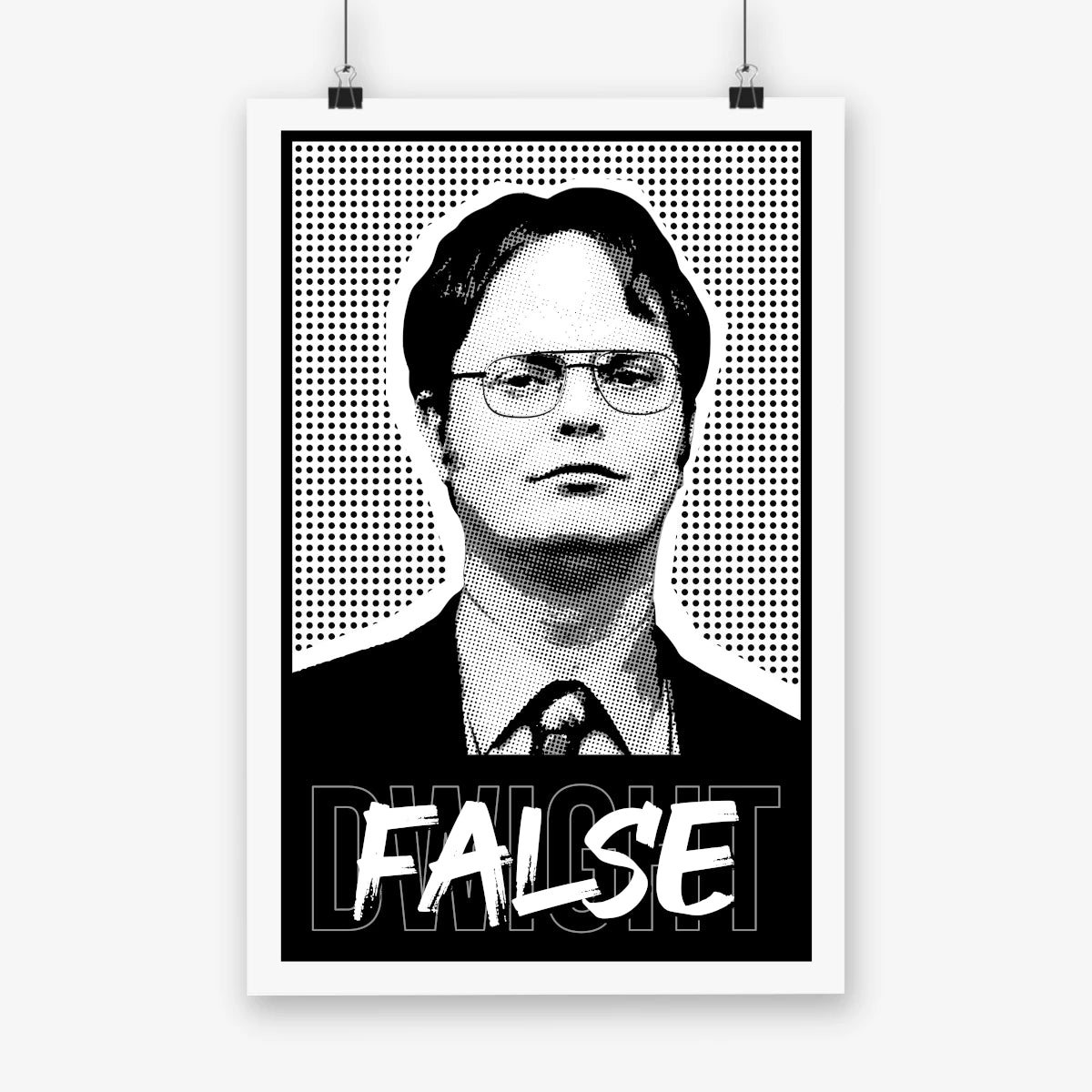 Poster of Dwight Schrute from The Office with the word “False!” – iconic quote and intense expression