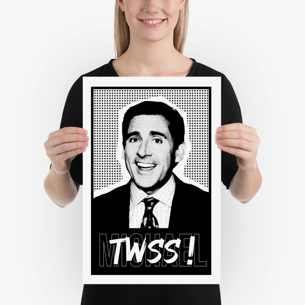 Illustration of Michael Scott from The Office smiling with “TWSS” text – 12x18 inches mockup