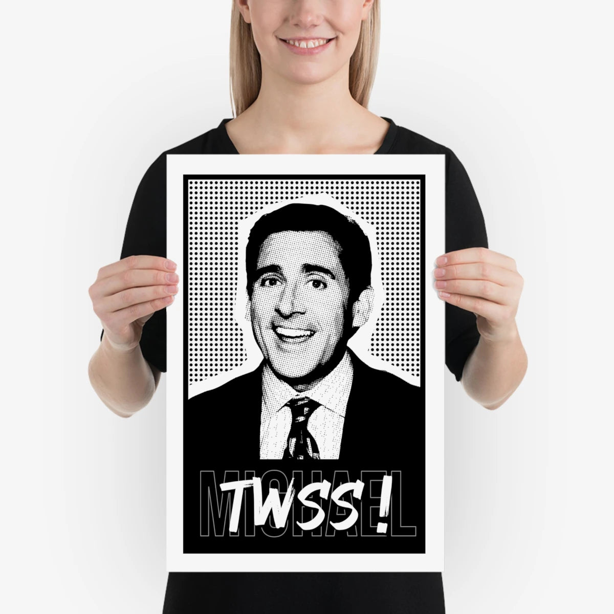 Illustration of Michael Scott from The Office smiling with “TWSS” text – 12x18 inches mockup