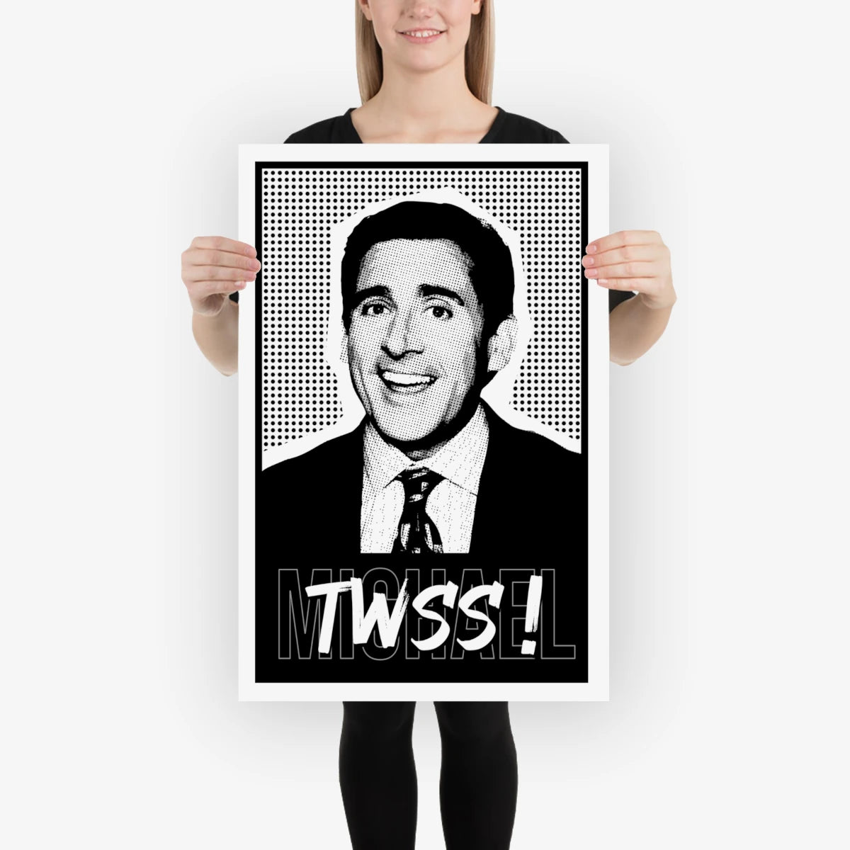 Illustration of Michael Scott from The Office smiling with “TWSS” text – 20x30 inches mockup