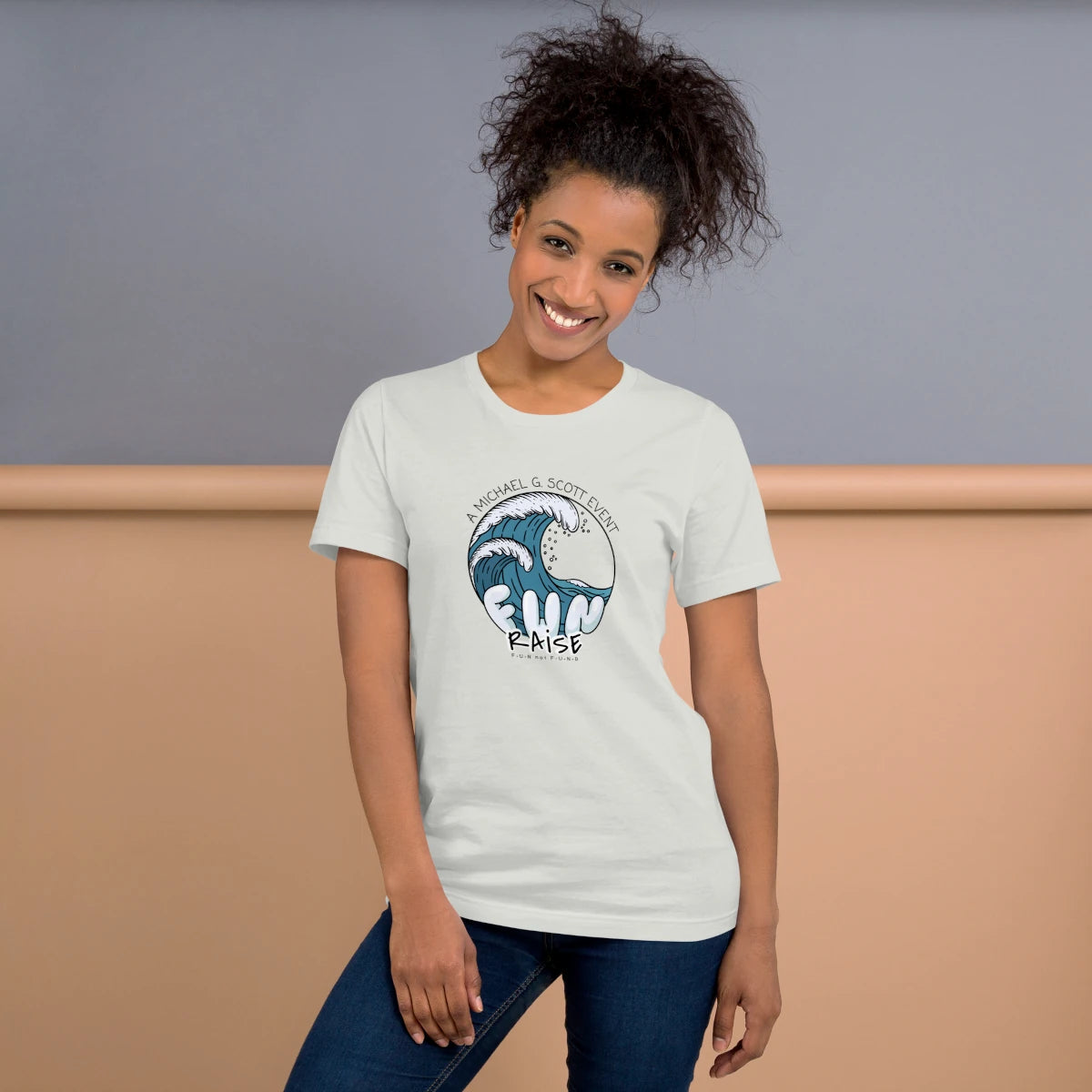 “FUN raise” Tsunami T-Shirt – Product mockup woman 2